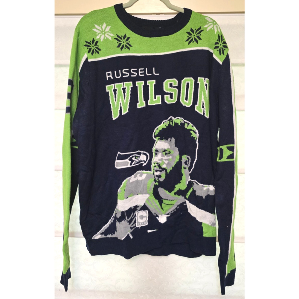 Russell Wilson Seattle Seahawks Ugly Christmas Sweater Mens 2XL NFL Team Apparel